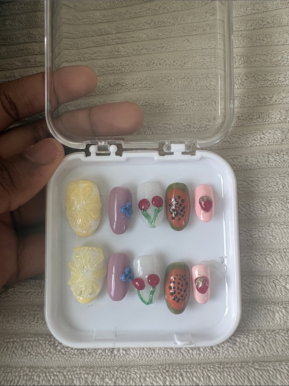 Decorative Press-On Nail Set with Fruit & Floral Accents - Multi-Color